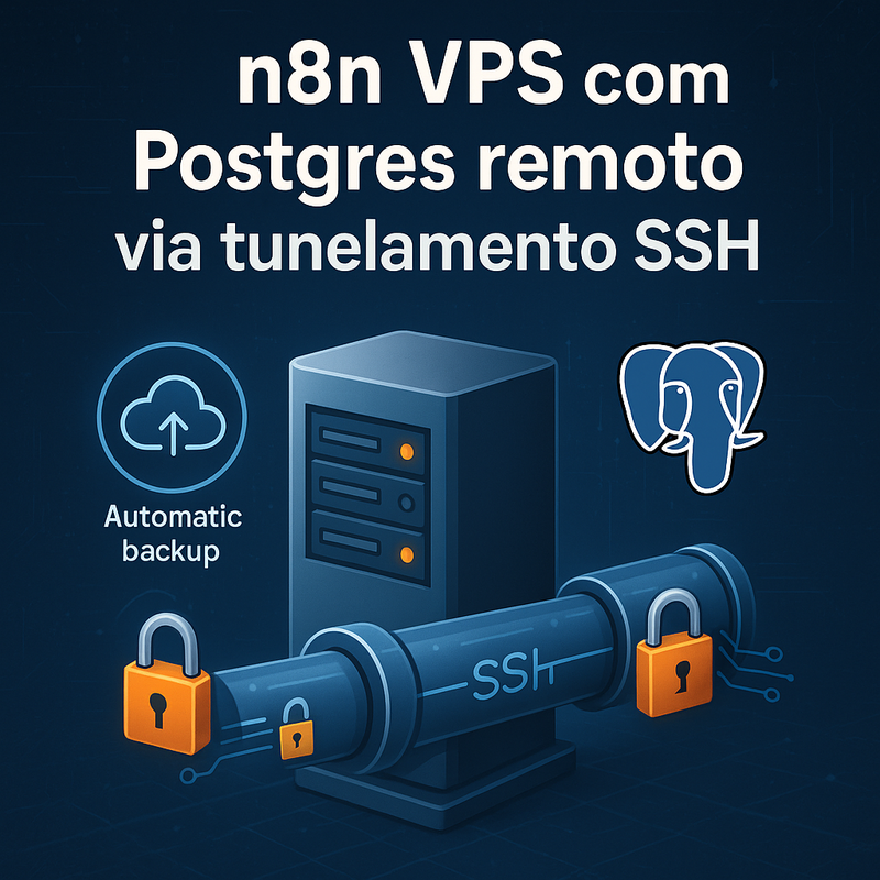 Uma imagem sobre n8n VPS com Postgres remoto via tunelamento SSH e backups
