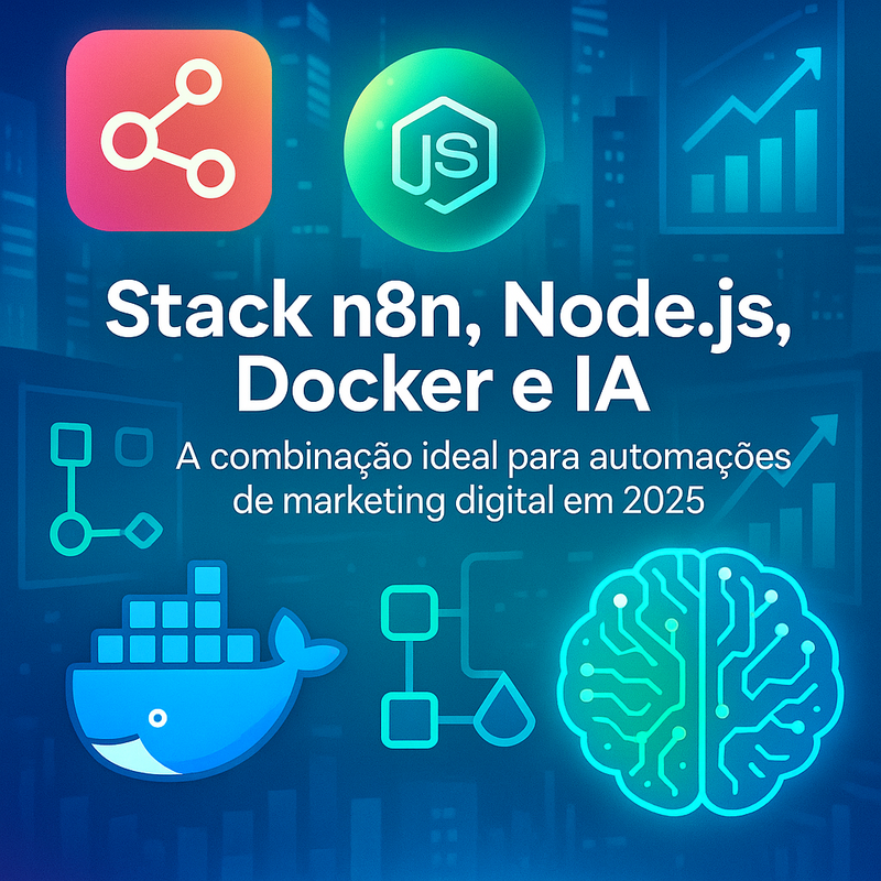 Uma imagem sobre Stack n8n, Node.js, Docker e IA para marketing digital 2025