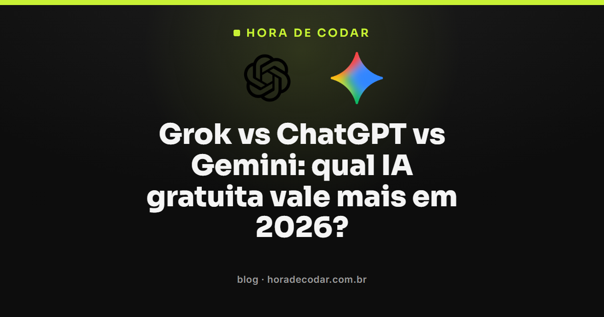 comparação entre as três principais IAs gratuitas de 2026: logos do Grok, ChatGPT e Gemini lado a lado