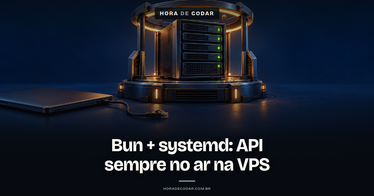 Ilustração de um servidor VPS com ícone do Bun conectado a um serviço systemd em segundo plano