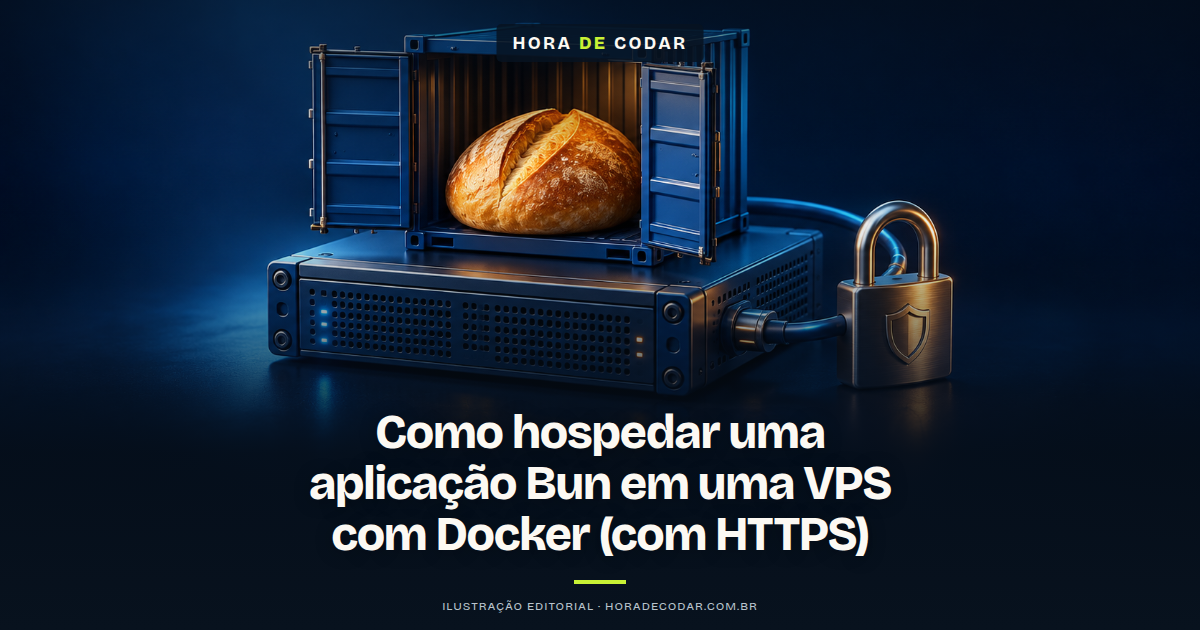 Ilustração de servidor VPS executando contêiner Docker com aplicação Bun e certificado HTTPS