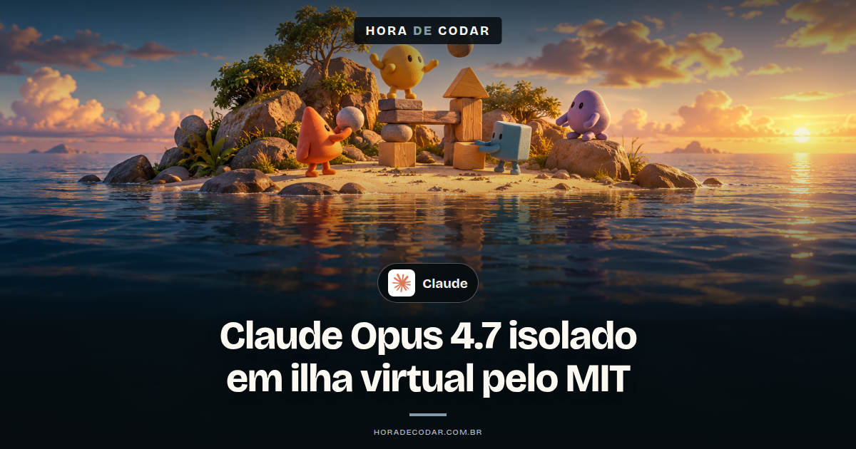 Ilustração de uma ilha virtual com blocos formando constelações, representando o experimento do MIT com o Claude Opus 4.7
