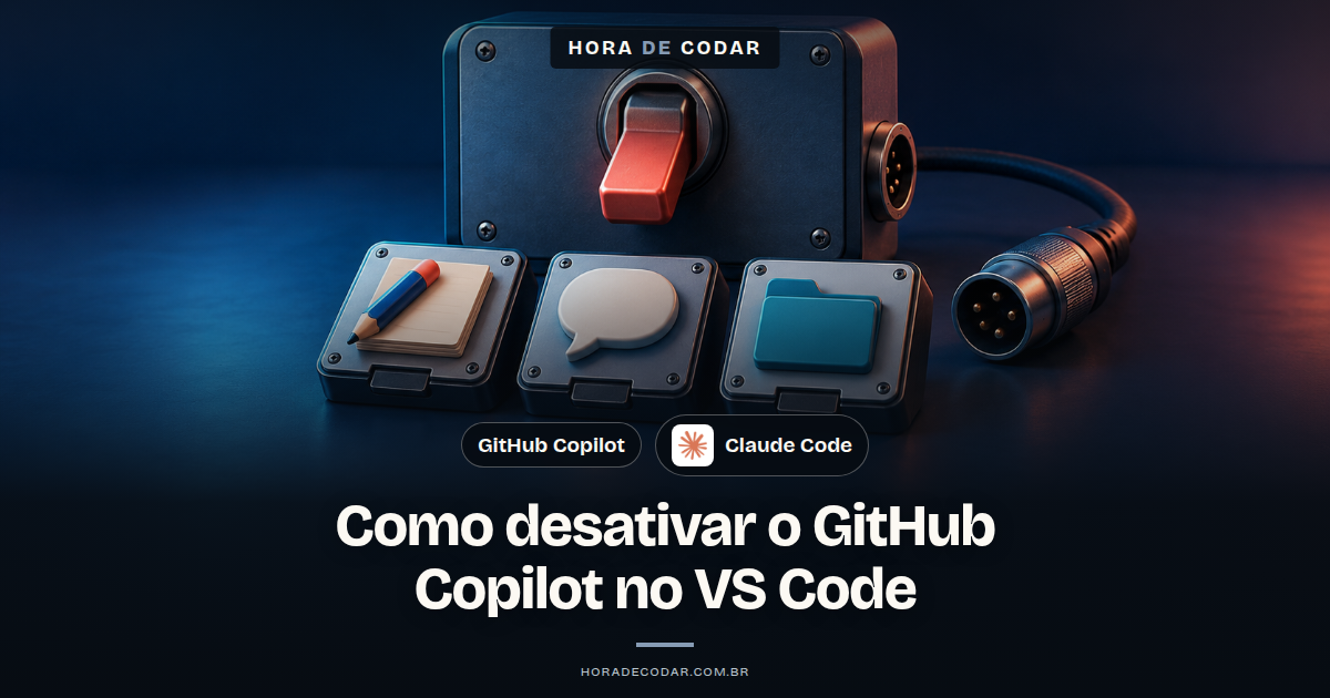 Ilustração do editor VS Code com o ícone do GitHub Copilot sendo desligado