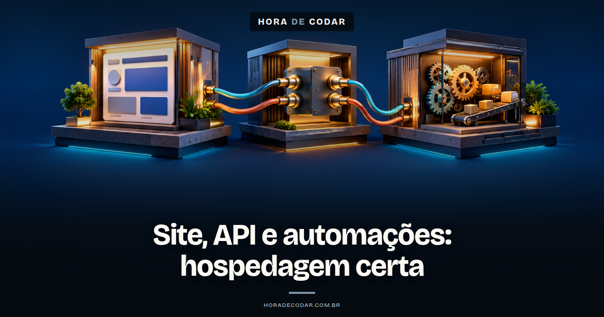 Ilustração de site, API e automações conectados a serviços de hospedagem diferentes