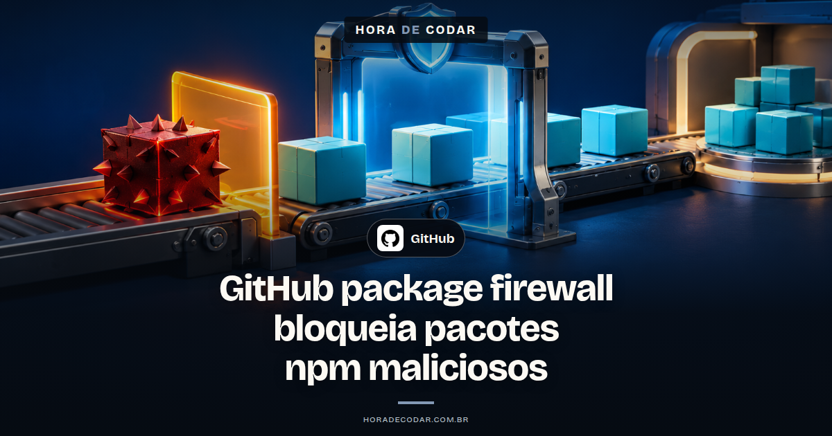 Ilustração de um escudo de firewall protegendo pacotes npm antes da instalação no GitHub