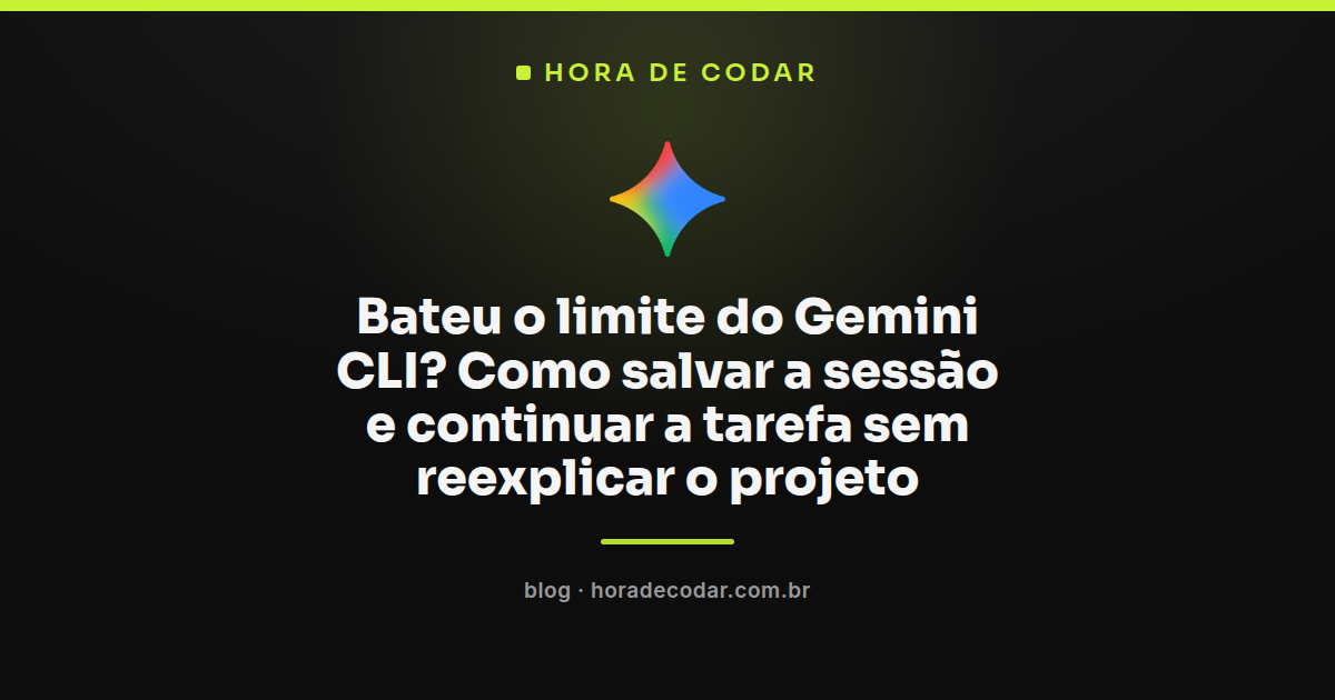 Ilustração de terminal com Gemini CLI representando sessão salva após bater o limite de uso